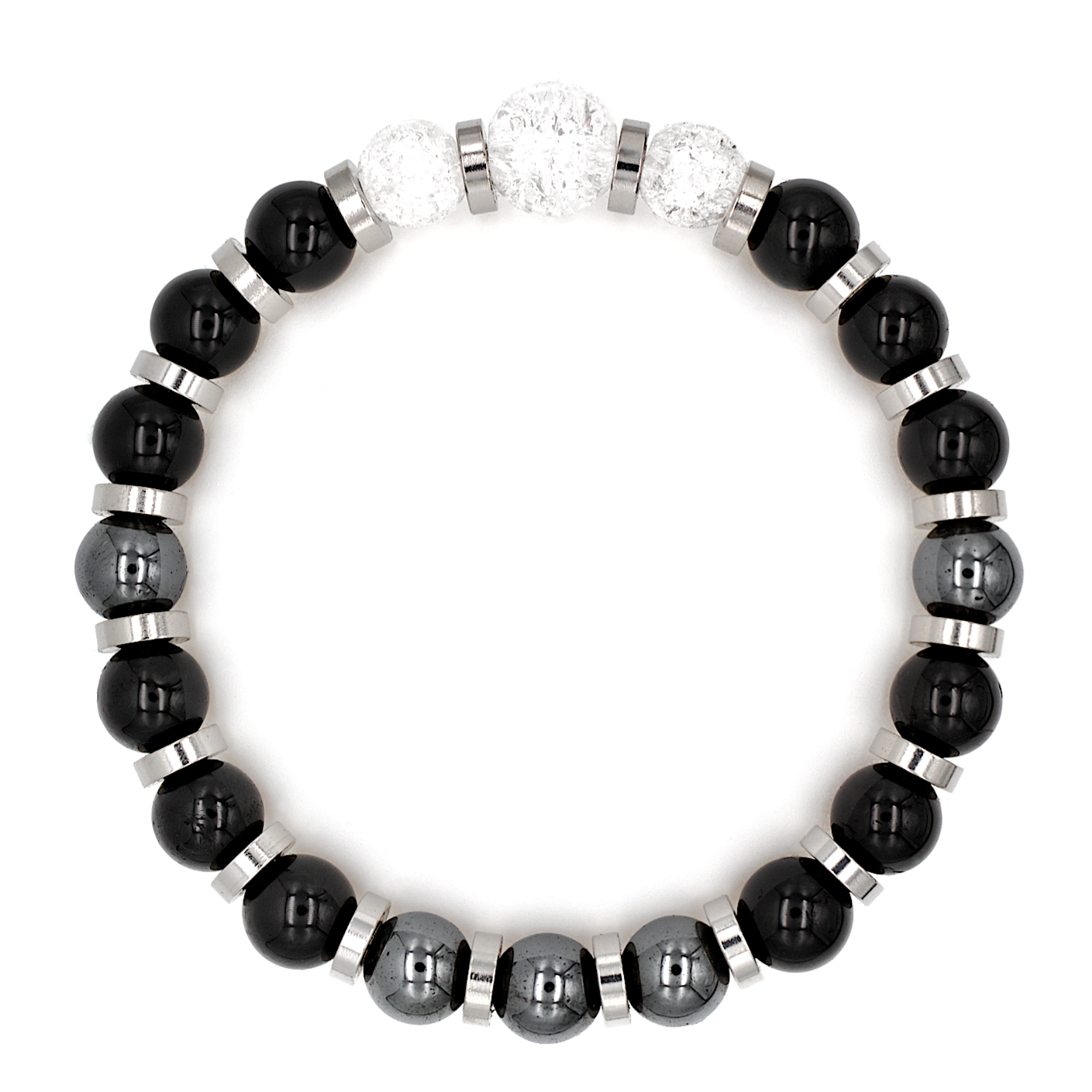 Handcrafted bracelet with Black Tourmaline, Onyx, Hematite, and Clear Quartz on a white background, symbolizing focus, strength, and leadership. Handcrafted bracelet with Black Tourmaline, Onyx, Hematite, and Clear Quartz on a white background, symbolizing focus, strength, and leadership.