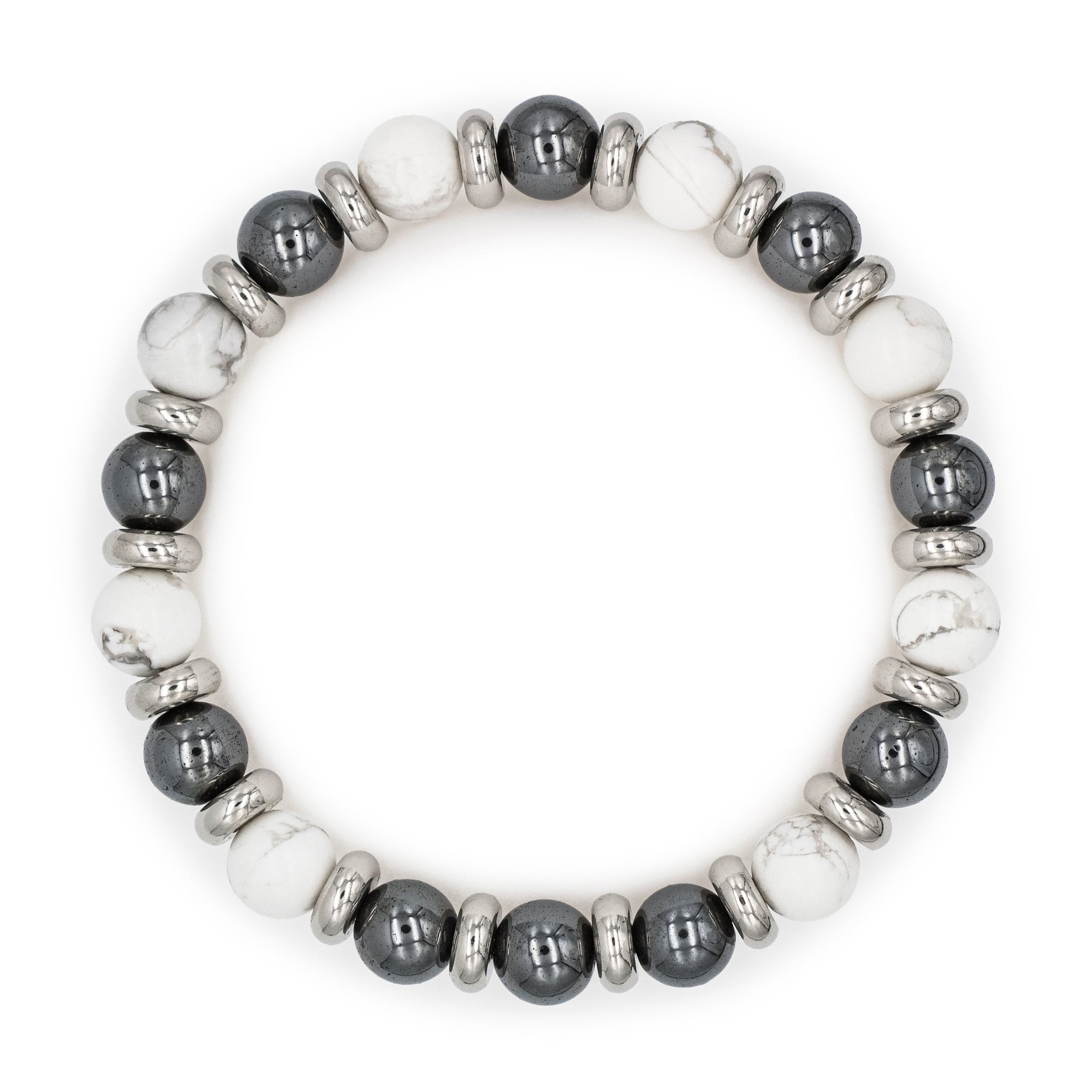 Elegant Howlite and Hematite bracelet for men, displayed on white background, featuring natural stone beads and stainless steel details. Elegant Howlite and Hematite bracelet for men, displayed on white background, featuring natural stone beads and stainless steel details.