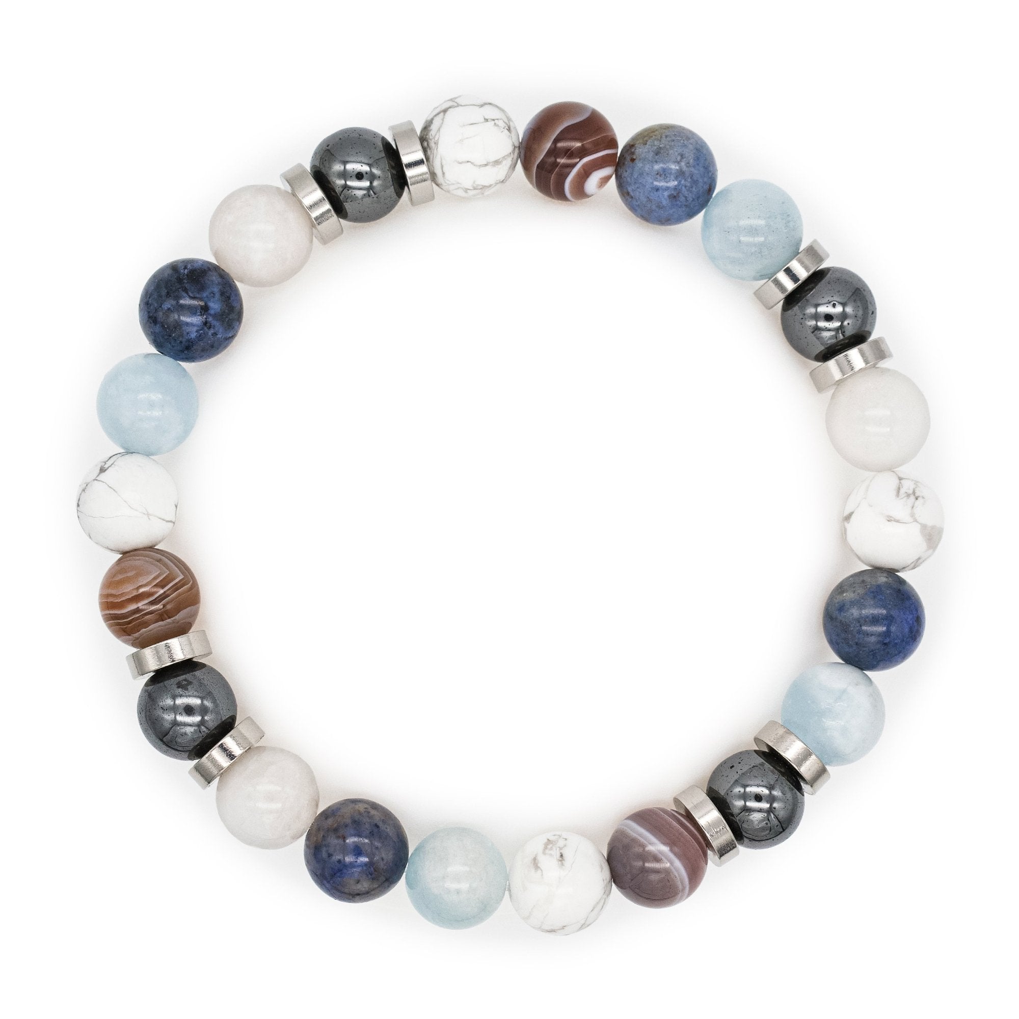 Elegant multistone men’s bracelet featuring Belomorite, Dumortierite Blue, Aquamarine, Howlite, Botswana Agate, and Hematite, displayed on white background. Elegant multistone men’s bracelet featuring Belomorite, Dumortierite Blue, Aquamarine, Howlite, Botswana Agate, and Hematite, displayed on white background.