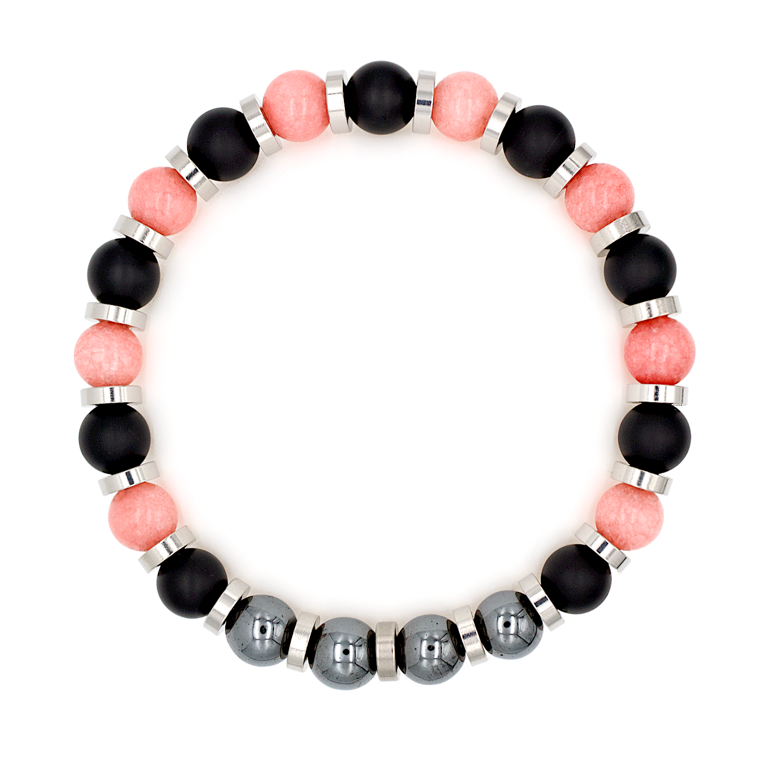 Handcrafted men’s bracelet with Onyx, Chalcedony, and Hematite beads on white background, designed for strength and balance. Handcrafted men’s bracelet with Onyx, Chalcedony, and Hematite beads on white background, designed for strength and balance.