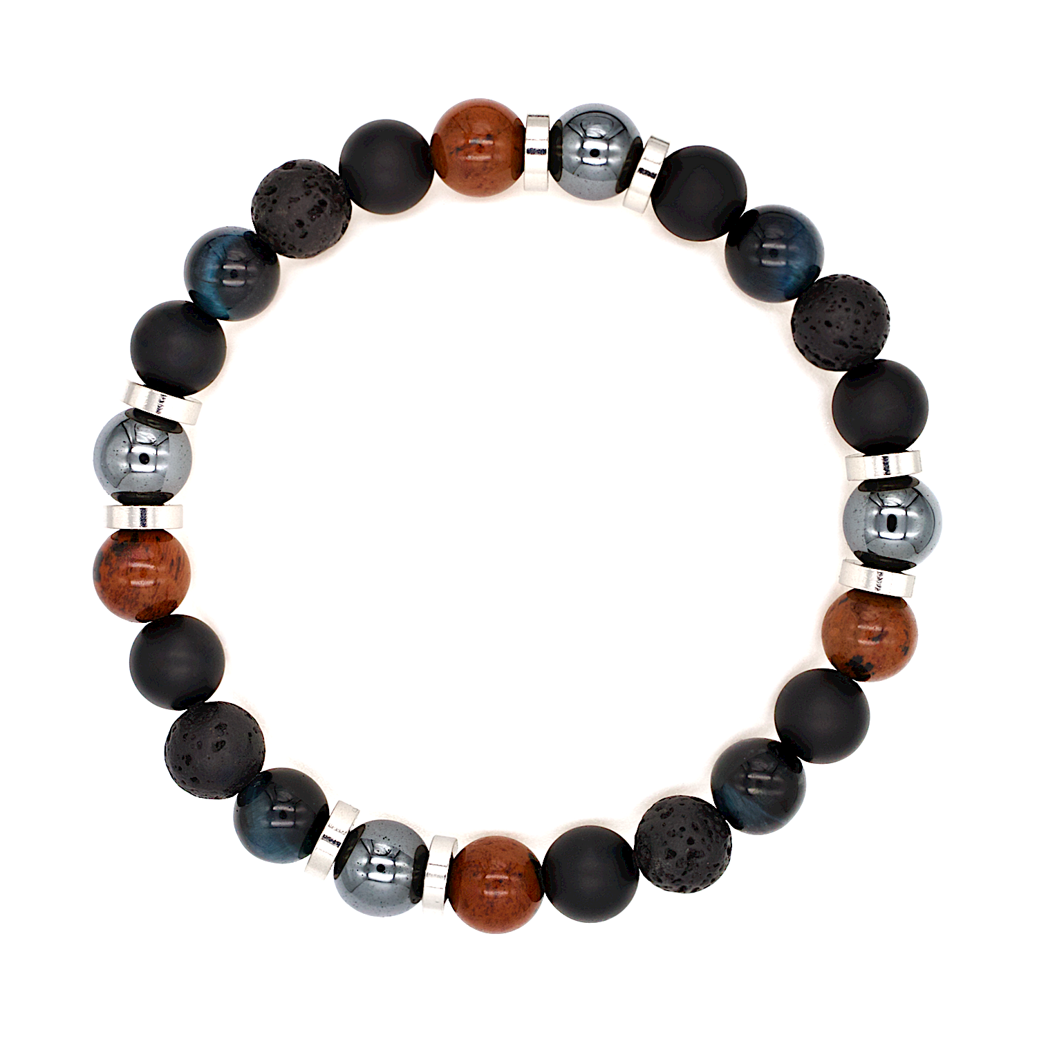 Elegant multistone men’s bracelet featuring Belomorite, Dumortierite Blue, Aquamarine, Howlite, Botswana Agate, and Hematite, displayed on white background. Elegant multistone men’s bracelet featuring Belomorite, Dumortierite Blue, Aquamarine, Howlite, Botswana Agate, and Hematite, displayed on white background.