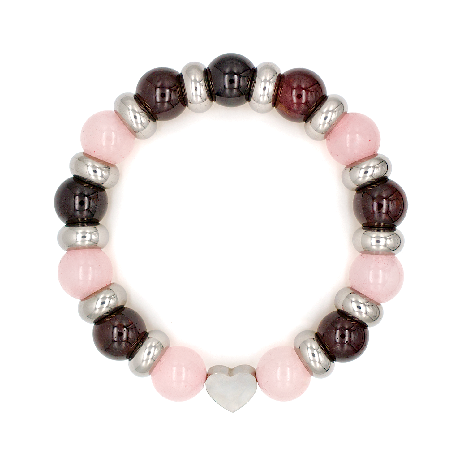 Close-up of Quartz Rose and Almandine Garnet bracelet with heart charm. Close-up of Quartz Rose and Almandine Garnet bracelet with heart charm.