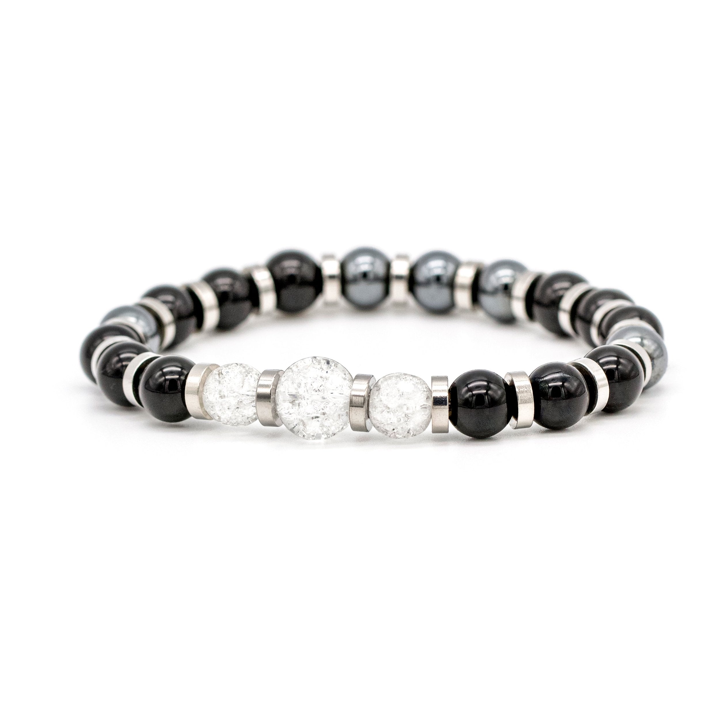 Elegant men's bracelet featuring Black Tourmaline, Onyx, Hematite, and Clear Quartz, displayed on a white background, designed for professionals and high achievers. Elegant men's bracelet featuring Black Tourmaline, Onyx, Hematite, and Clear Quartz, displayed on a white background, designed for professionals and high achievers.