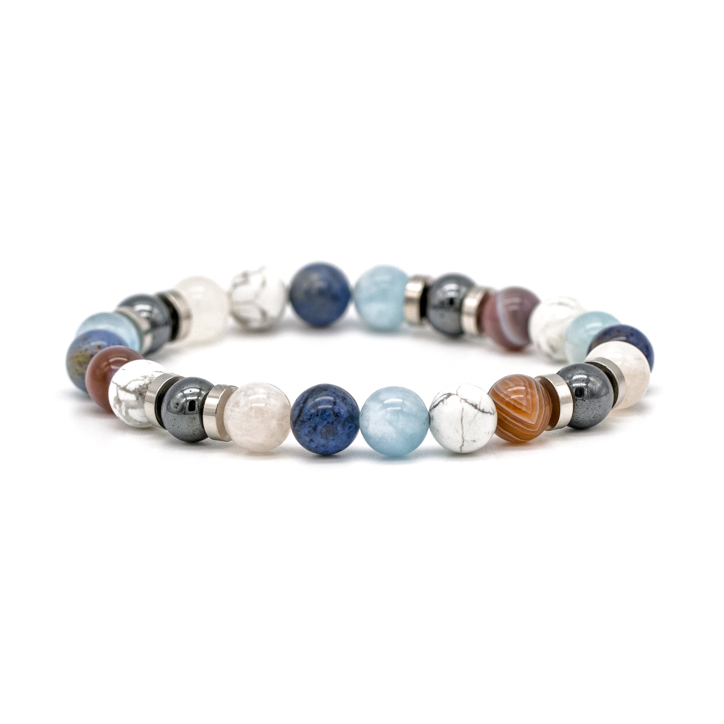Handcrafted men’s bracelet with Belomorite, Dumortierite Blue, Aquamarine, Howlite, Botswana Agate, and Hematite beads on white background, designed for balance and clarity. Handcrafted men’s bracelet with Belomorite, Dumortierite Blue, Aquamarine, Howlite, Botswana Agate, and Hematite beads on white background, designed for balance and clarity.