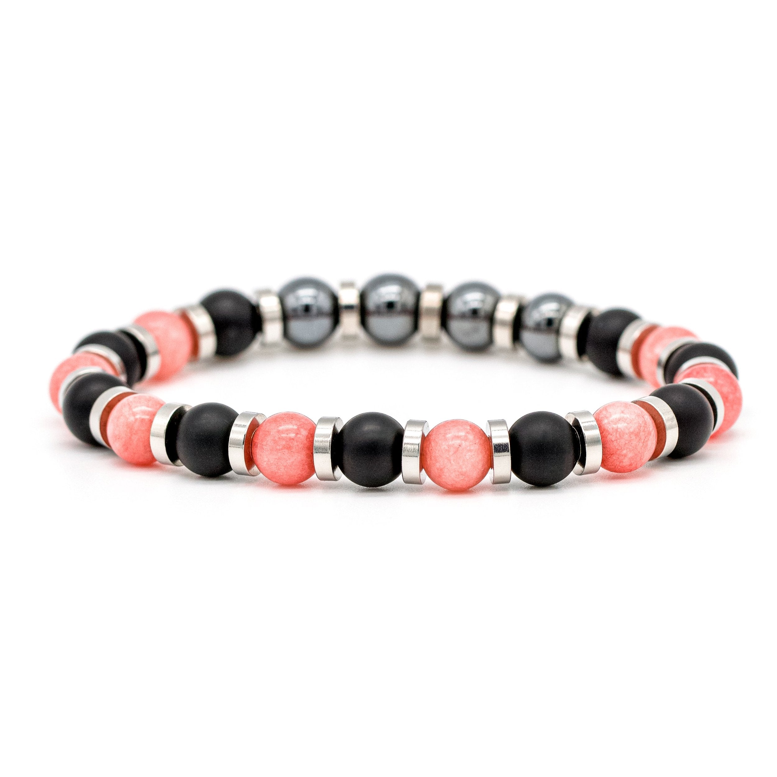 Elegant Onyx, Chalcedony, and Hematite bracelet for men, displayed on white background, featuring natural stones and minimalist design. Elegant Onyx, Chalcedony, and Hematite bracelet for men, displayed on white background, featuring natural stones and minimalist design.