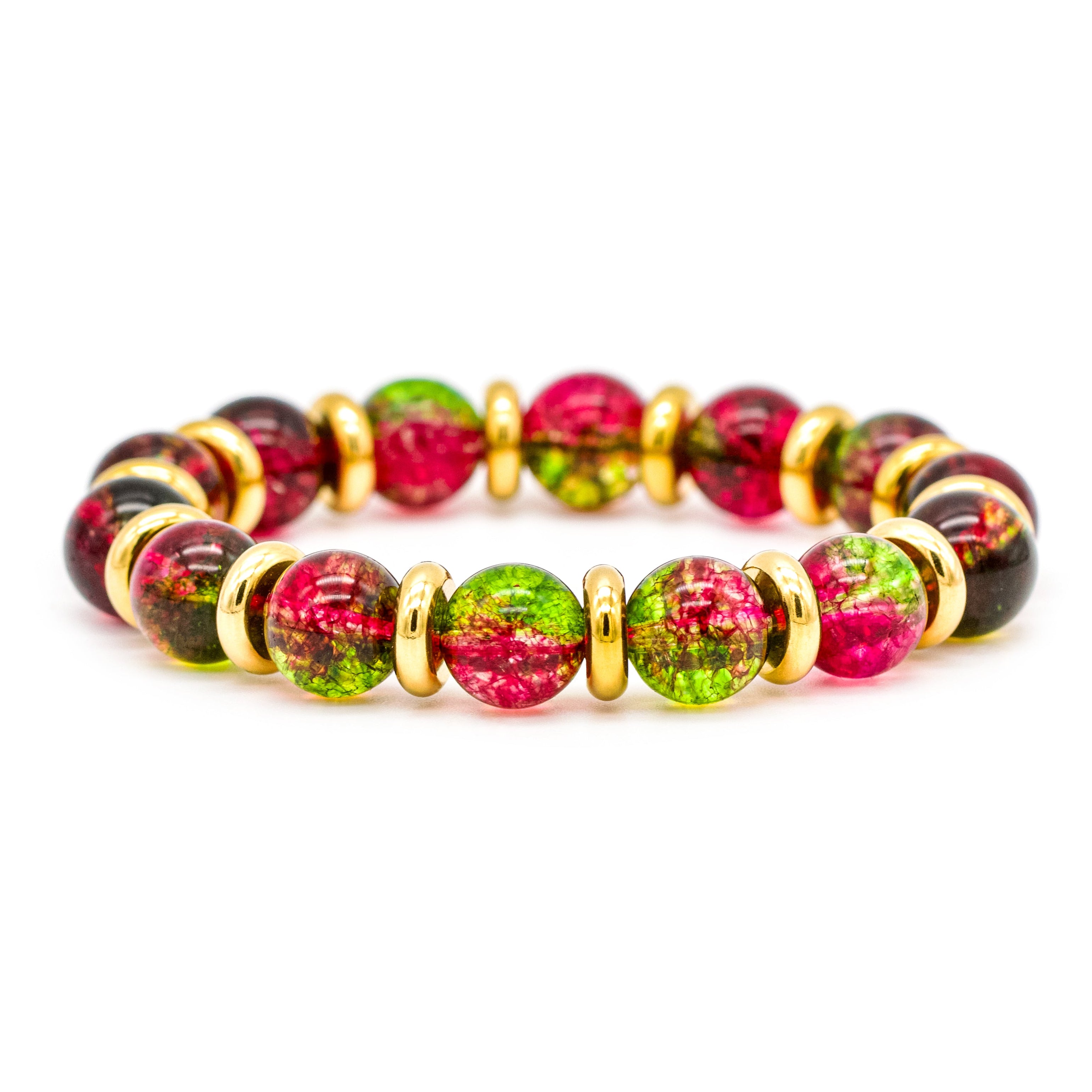 Close-up of Watermelon Tourmaline bracelet showcasing natural stone patterns. Close-up of Watermelon Tourmaline bracelet showcasing natural stone patterns.
