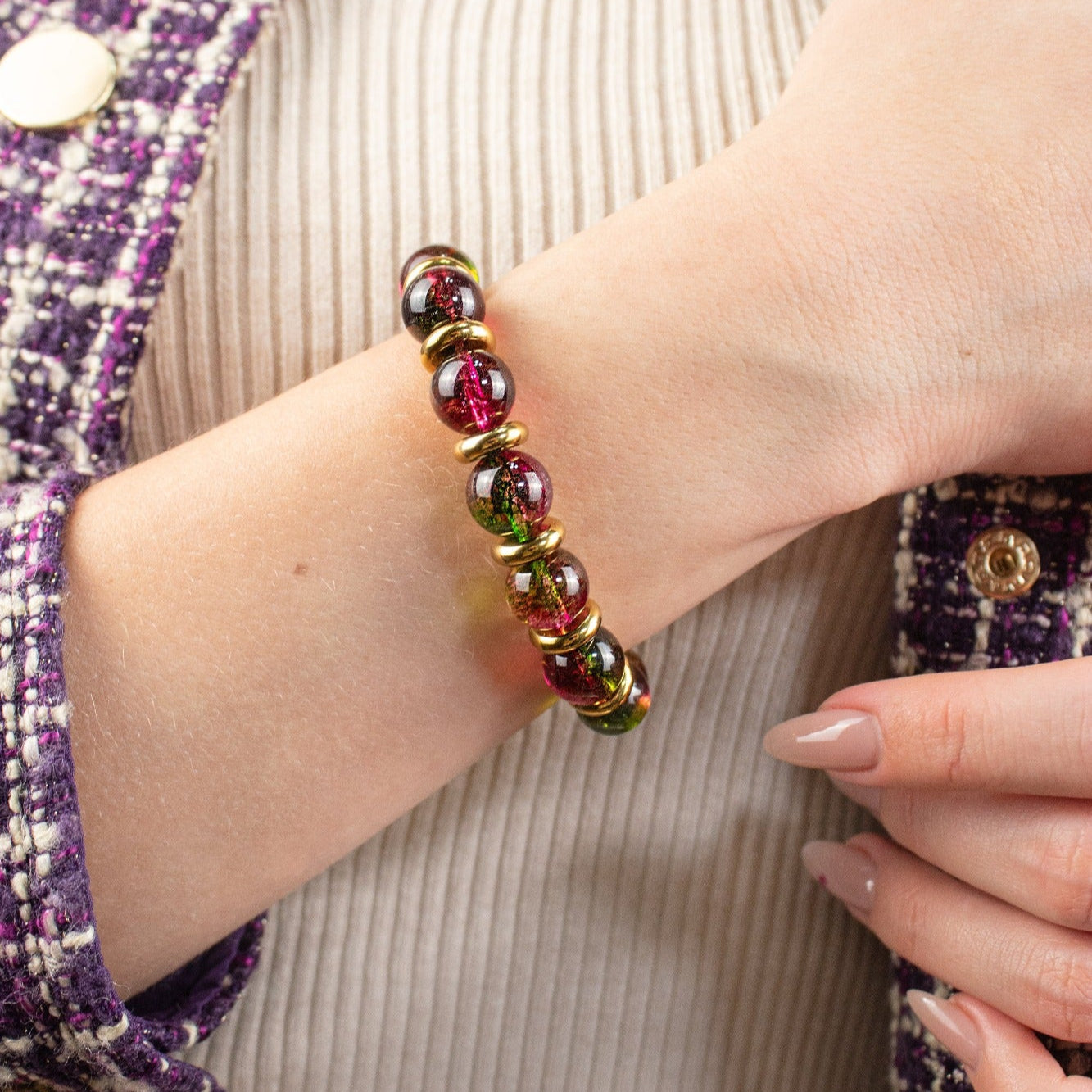 Artistic and emotional healing bracelet with natural Watermelon Tourmaline stones. Artistic and emotional healing bracelet with natural Watermelon Tourmaline stones.