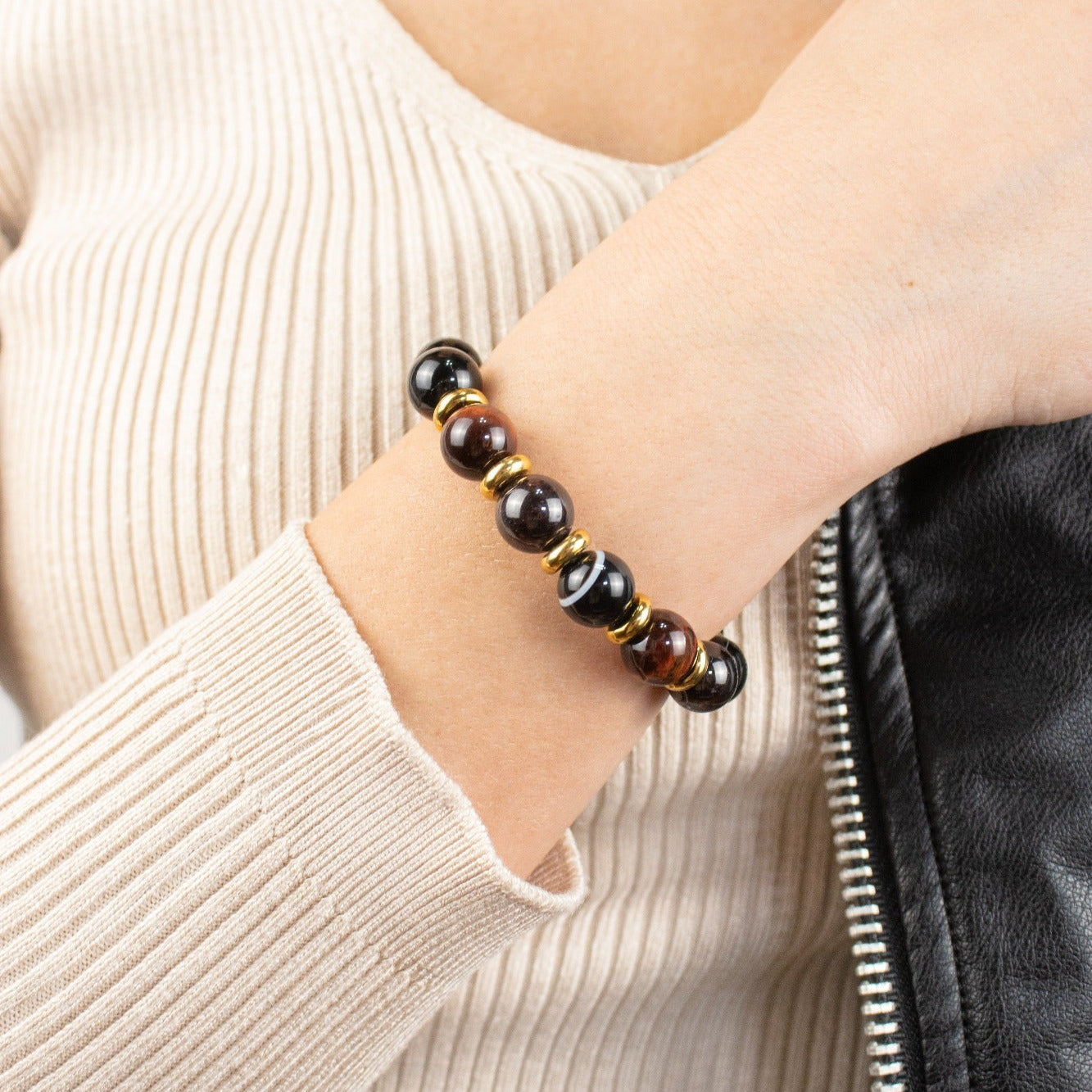 Detailed view of Garnet Almandine beads in handcrafted bracelet. Detailed view of Garnet Almandine beads in handcrafted bracelet.