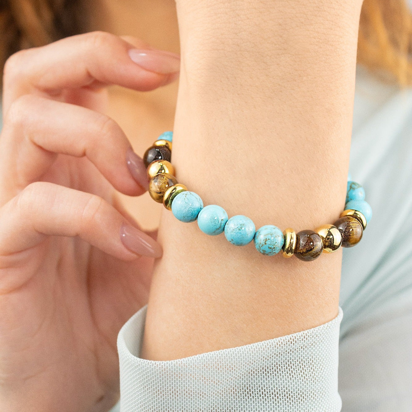 Side view of the bracelet showcasing the natural stone beads. Side view of the bracelet showcasing the natural stone beads.