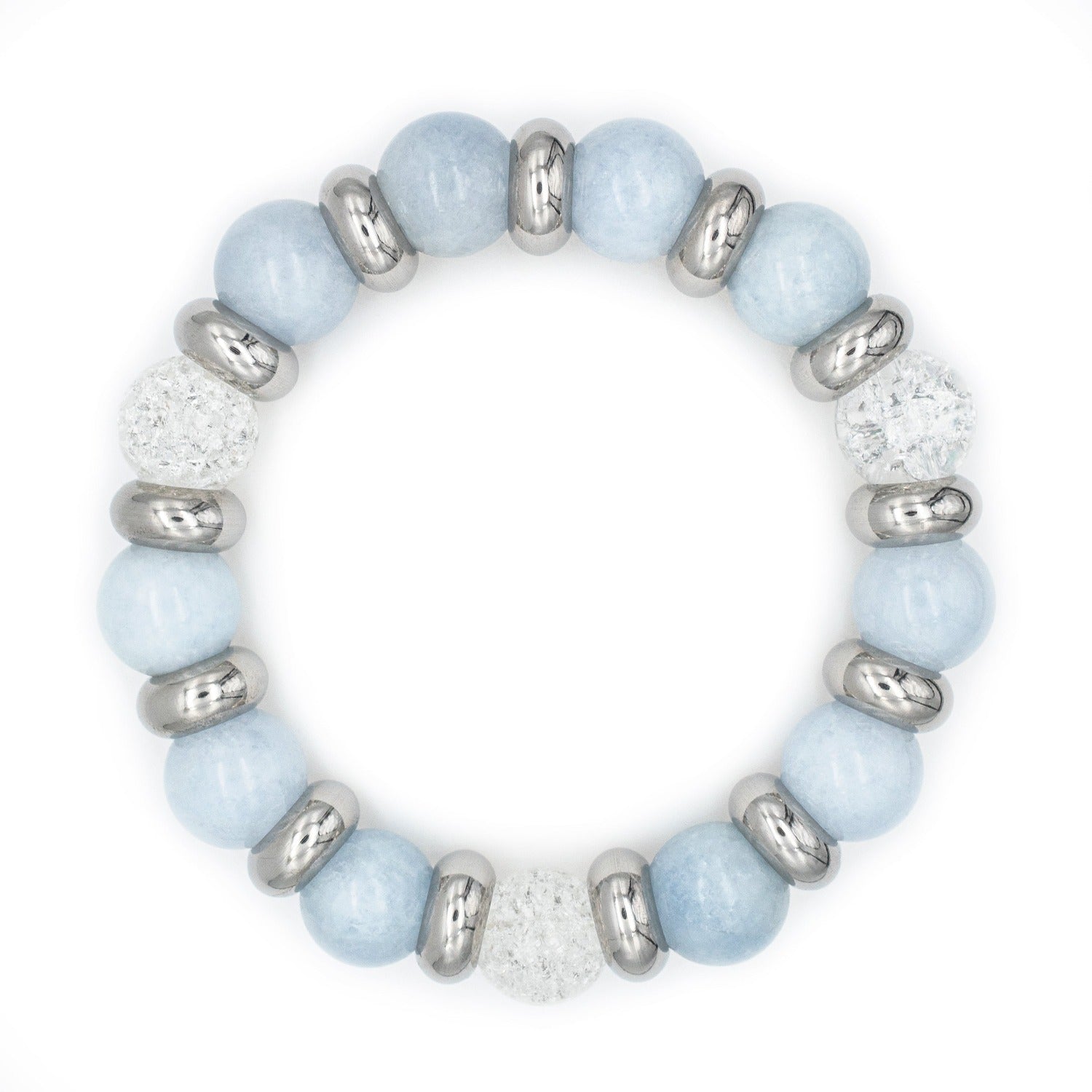 Handcrafted women's bracelet featuring Aquamarine and Clear Quartz on a white background. Handcrafted women's bracelet featuring Aquamarine and Clear Quartz on a white background.