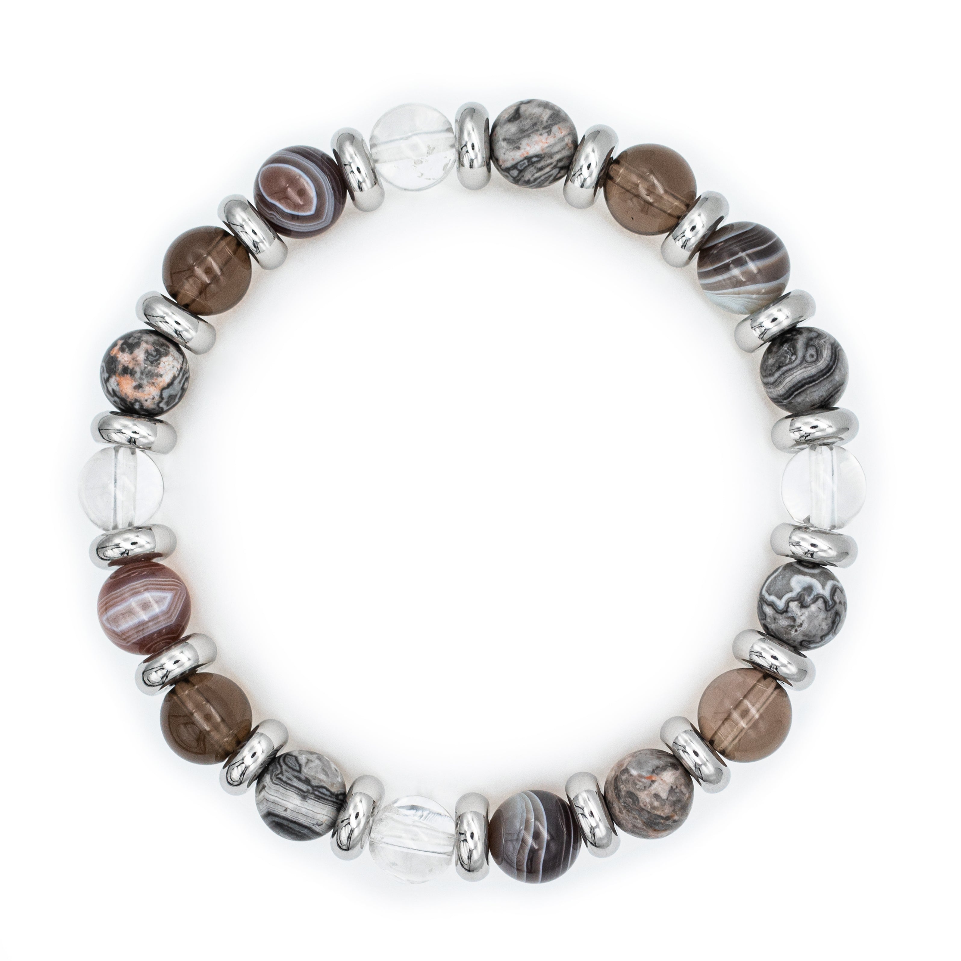Handcrafted men’s bracelet with Howlite, Hematite, and Clear Quartz beads on white background, designed for focus and inspiration. Handcrafted men’s bracelet with Howlite, Hematite, and Clear Quartz beads on white background, designed for focus and inspiration.