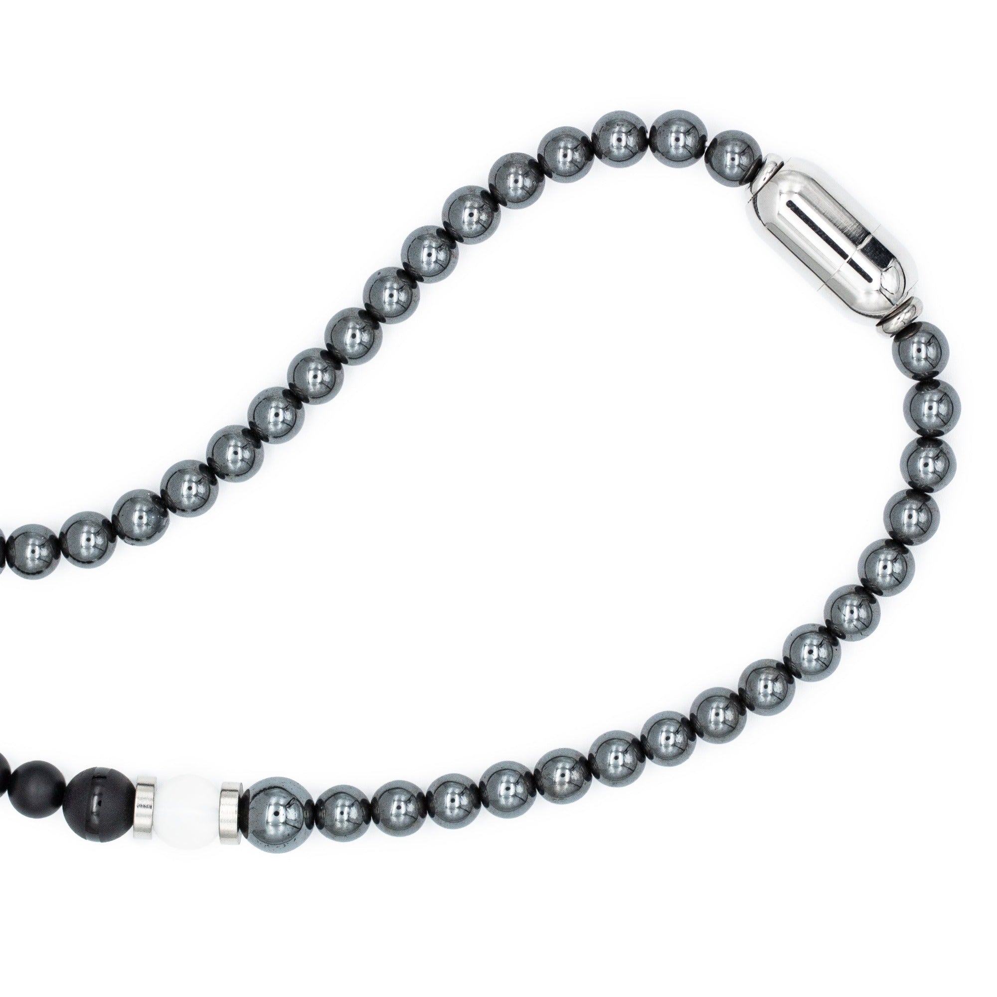 Bold Onyx, Clear Quartz, and Hematite men’s necklace displayed on white background, featuring natural matte stones and stainless steel clasp. Bold Onyx, Clear Quartz, and Hematite men’s necklace displayed on white background, featuring natural matte stones and stainless steel clasp.