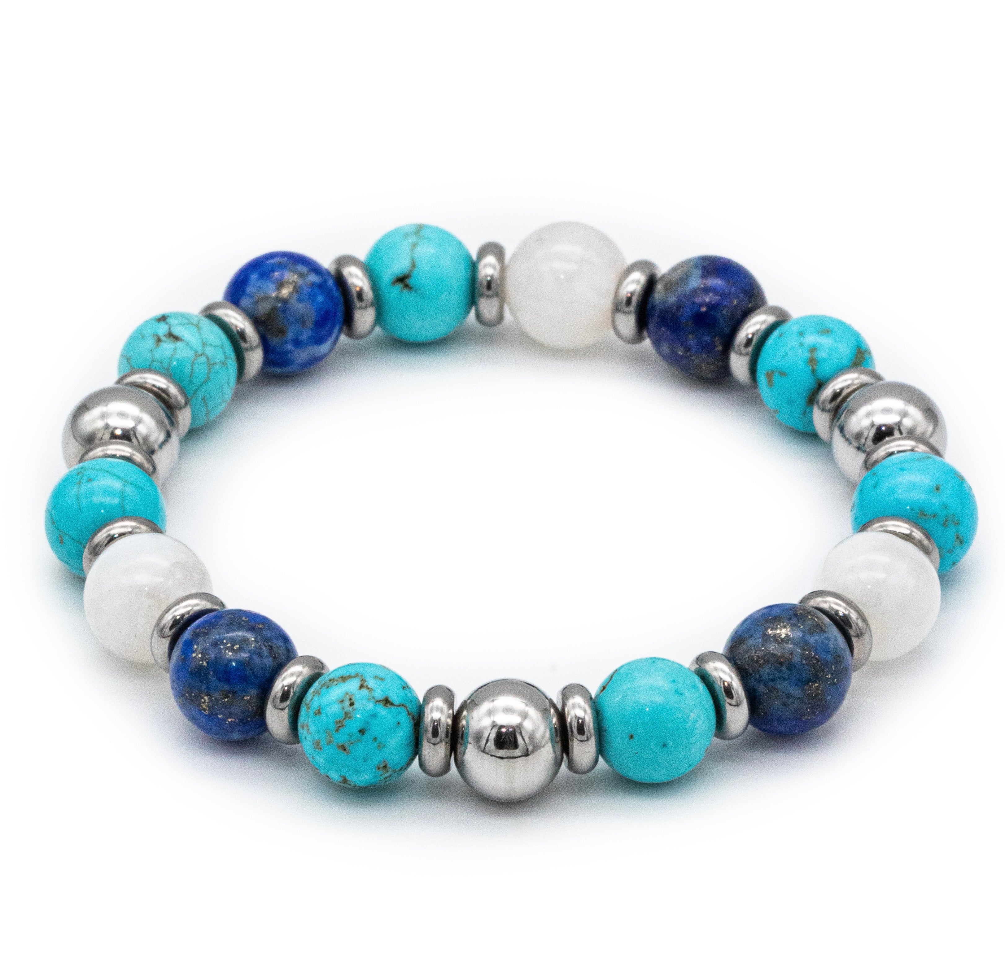 Handcrafted women's bracelet with Belomorite, Lapis Lazuli, and Turquoise – front view. Handcrafted women's bracelet with Belomorite, Lapis Lazuli, and Turquoise – front view.