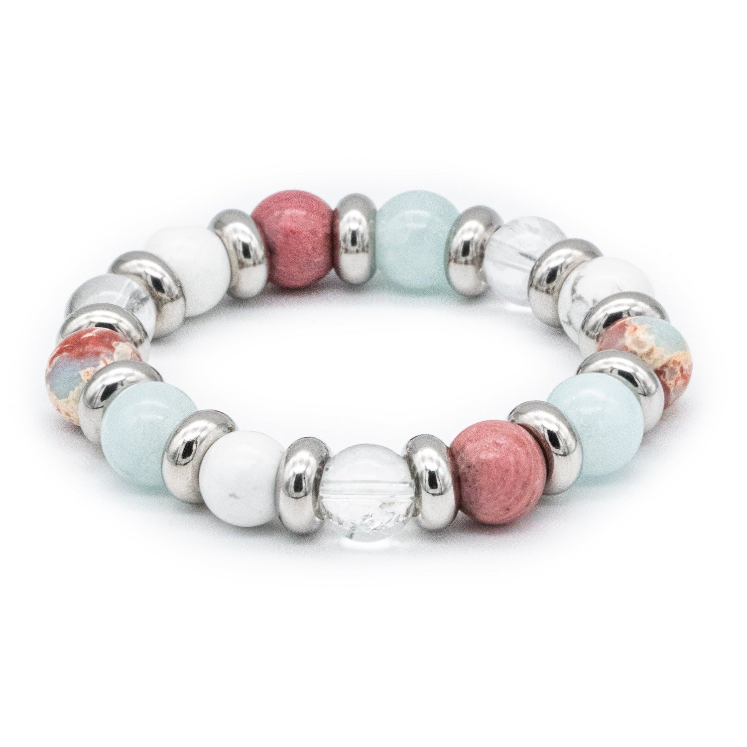 Women's Natural Stone Bracelet with Aquamarine, Rhodochrosite, Jasper Snakeskin, and Howlite beads. Women's Natural Stone Bracelet with Aquamarine, Rhodochrosite, Jasper Snakeskin, and Howlite beads.