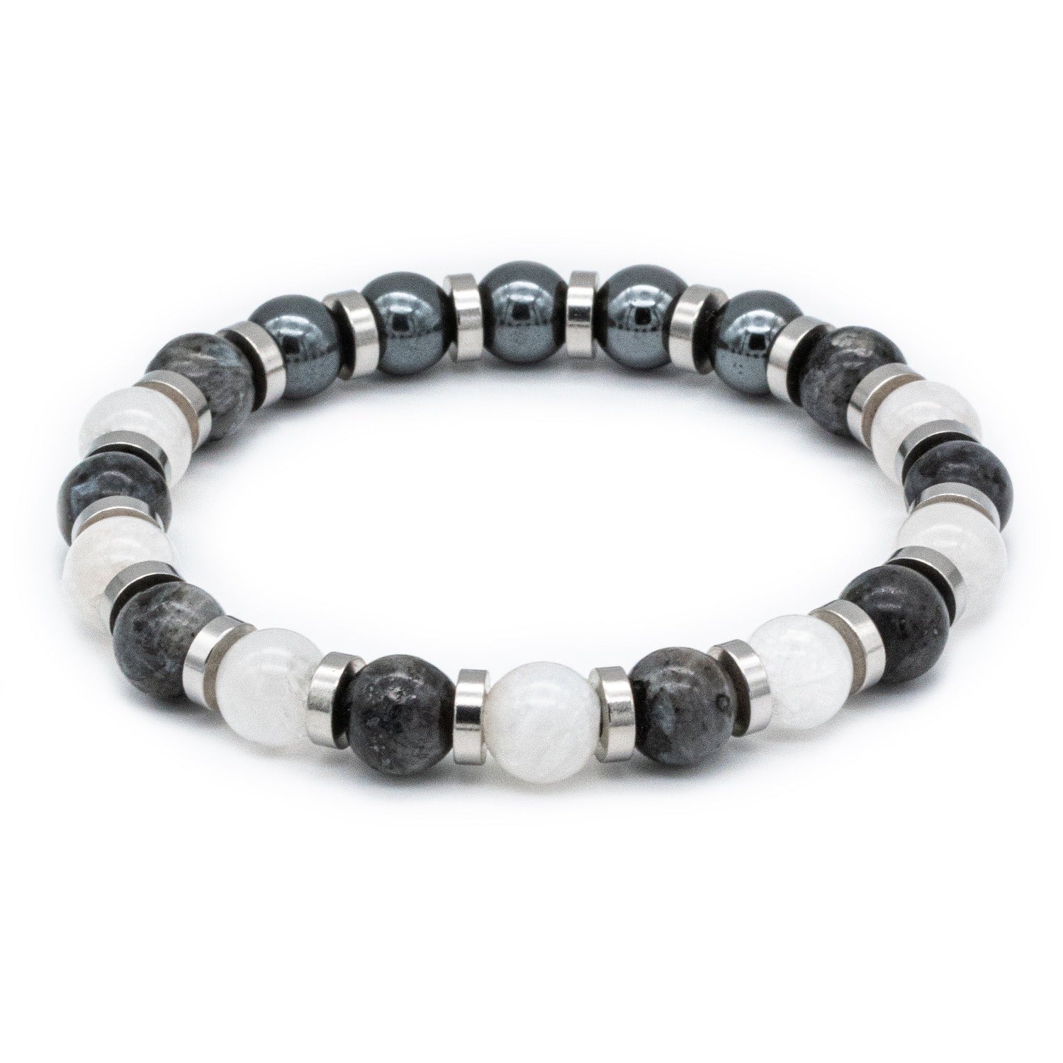 Handcrafted men’s bracelet with Larvikite, Belomorite (Moonstone), and Hematite on a white background, symbolizing strength, wisdom, and balance. Handcrafted men’s bracelet with Larvikite, Belomorite (Moonstone), and Hematite on a white background, symbolizing strength, wisdom, and balance.