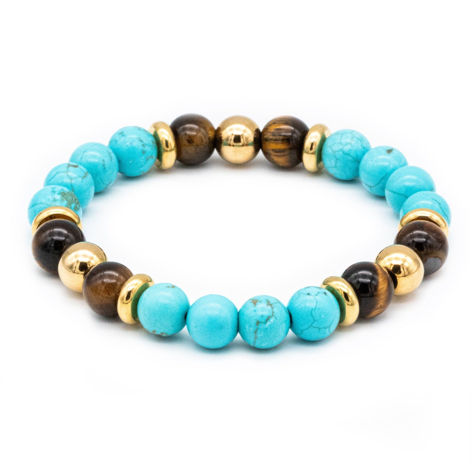 Close-up of the women's bracelet with Turquoise and Tiger Eye Yellow beads. Close-up of the women's bracelet with Turquoise and Tiger Eye Yellow beads.