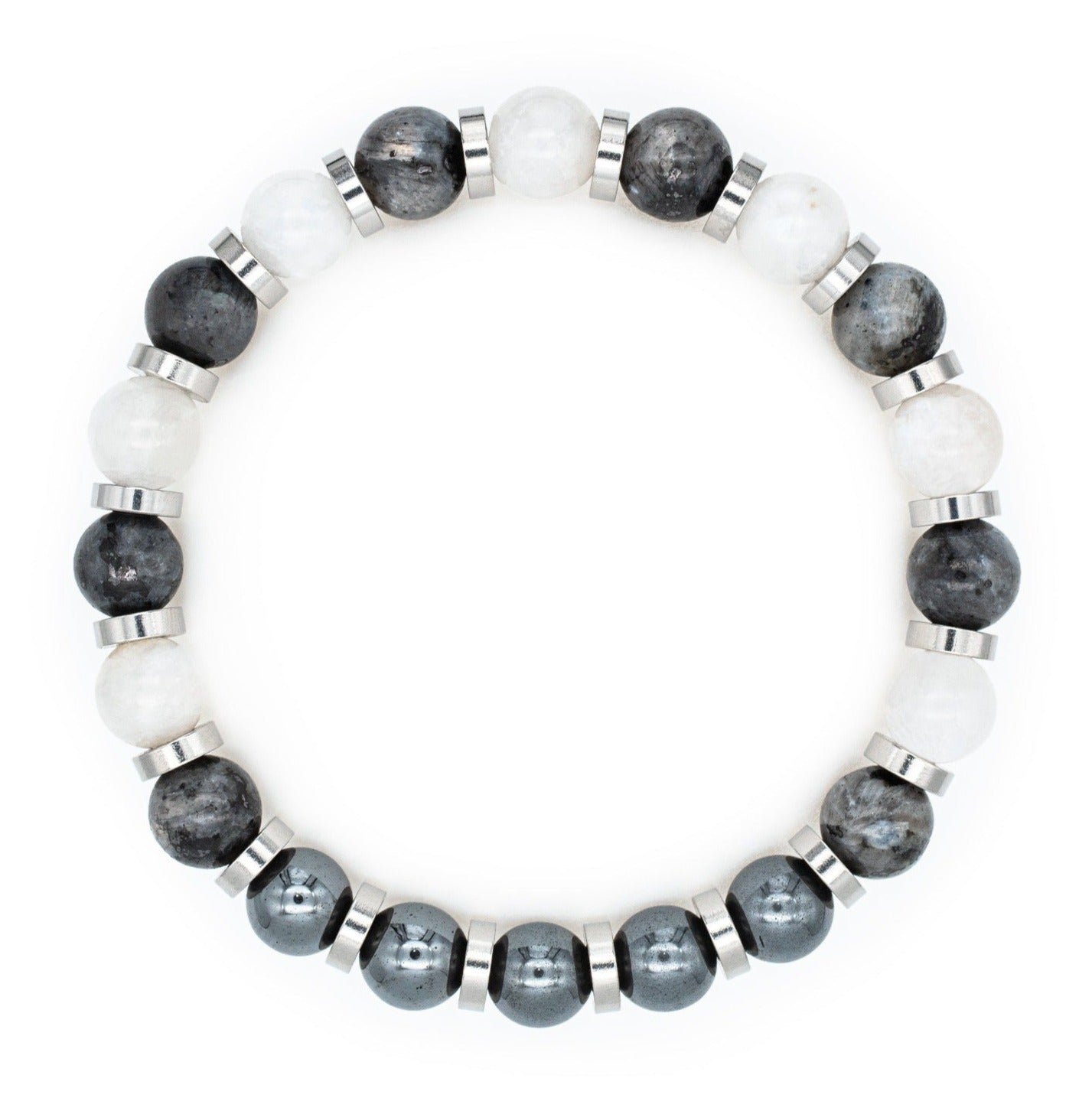 Elegant bracelet featuring Larvikite, Belomorite (Moonstone), and Hematite, displayed on a white background, designed for resilience and confidence. Elegant bracelet featuring Larvikite, Belomorite (Moonstone), and Hematite, displayed on a white background, designed for resilience and confidence.