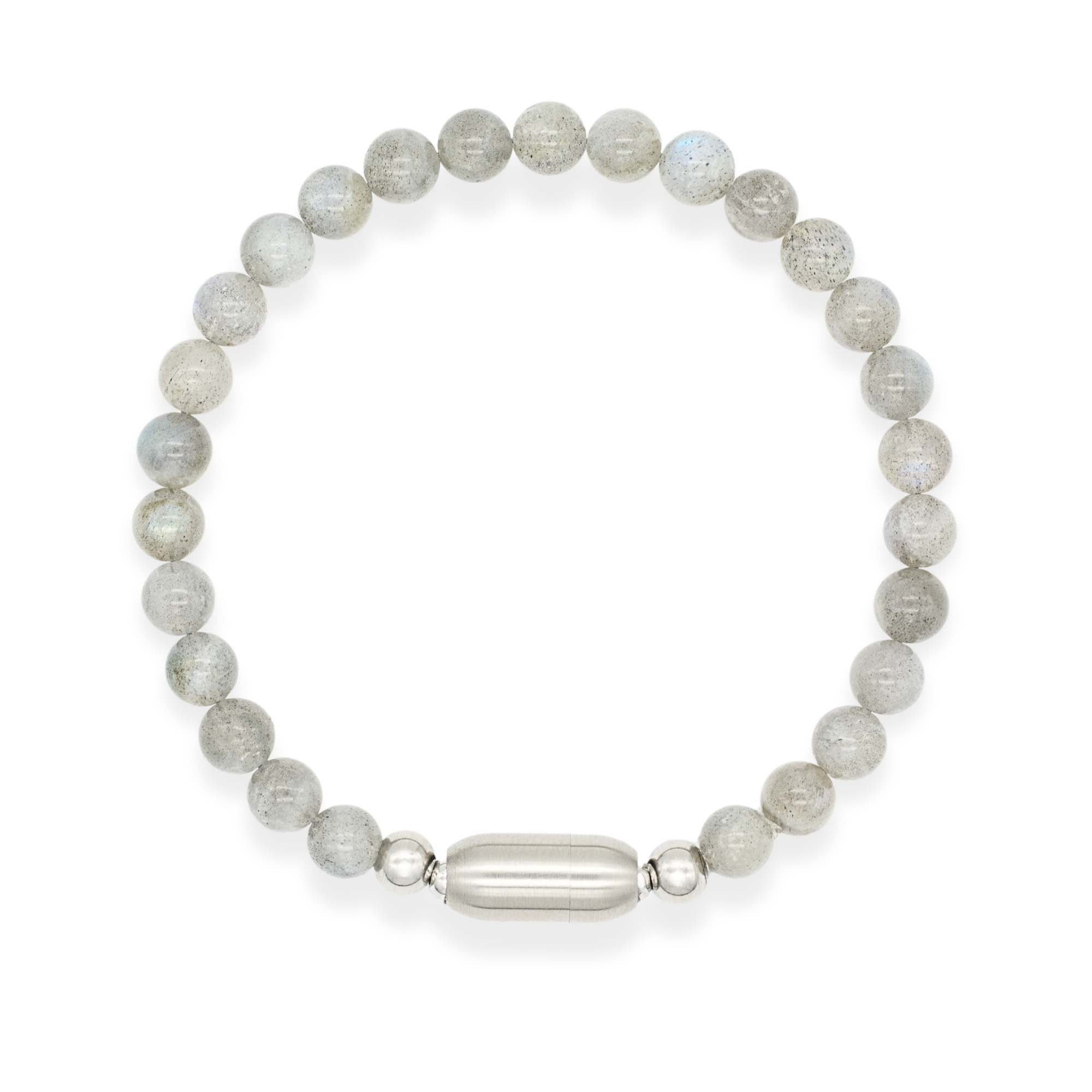 Side angle of labradorite men's bracelet showing iridescent beads and steel clasp Side angle of labradorite men's bracelet showing iridescent beads and steel clasp