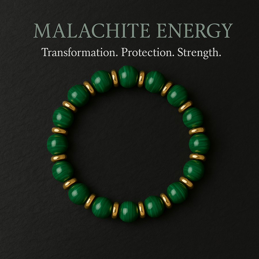 Malachite beaded bracelet and necklace on slate surface styled for transformation and protection energy