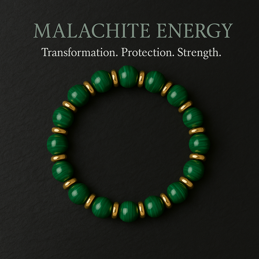 Malachite beaded bracelet and necklace on slate surface styled for transformation and protection energy