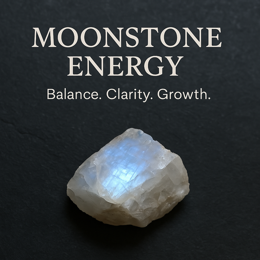 Rough moonstone crystal glowing softly on a dark slate background, representing clarity, transformation, and balance