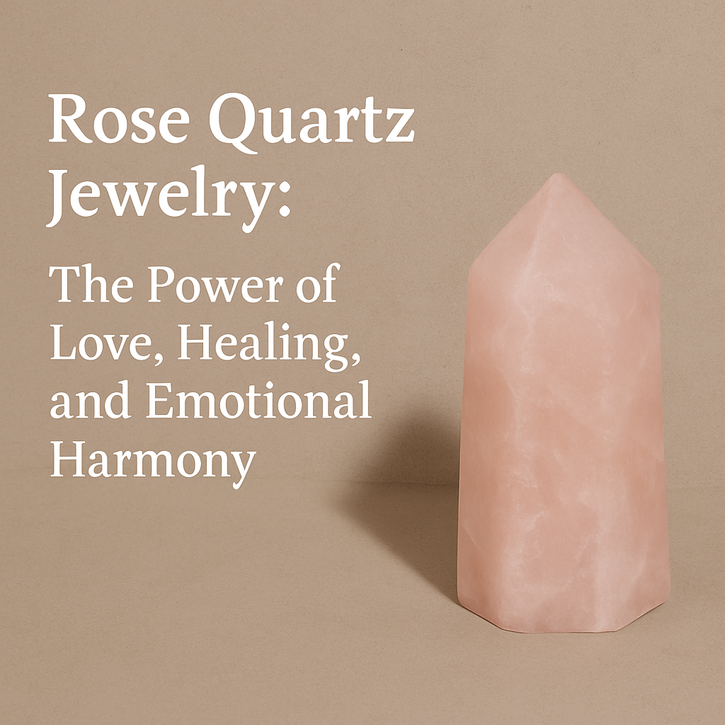 Elegant rose quartz jewelry on neutral background symbolizing love, healing, and emotional connection