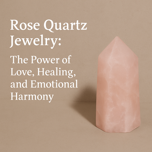 Elegant rose quartz jewelry on neutral background symbolizing love, healing, and emotional connection