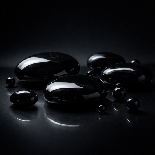 Luxury black onyx stones in a dark editorial fashion composition symbolizing clarity protection and modern elegance