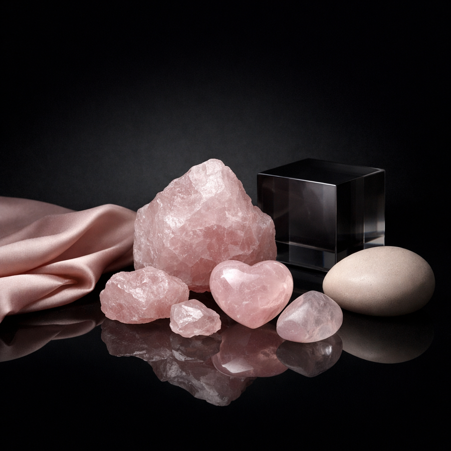 Dark luxury editorial still life inspired by rose quartz jewelry for love emotional balance and self-worth