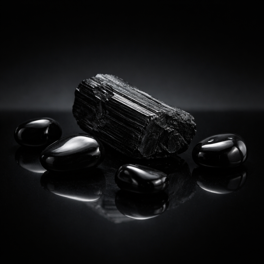 Black tourmaline stones in a dark luxury editorial composition symbolizing focus protection and emotional strength