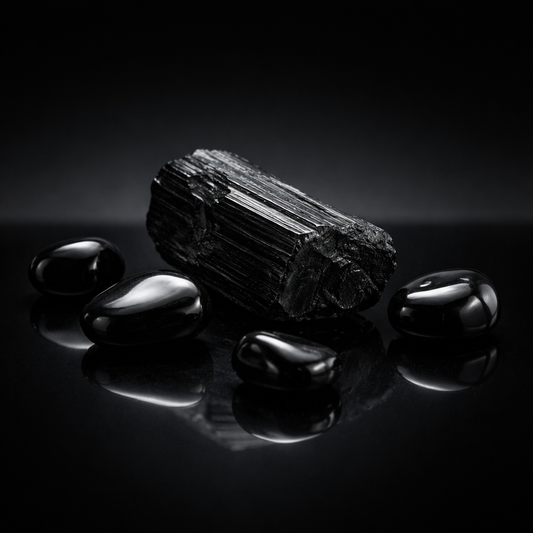 Black tourmaline stones in a dark luxury editorial composition symbolizing focus protection and emotional strength
