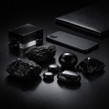 Dark luxury editorial still life with black tourmaline onyx and hematite stones symbolizing focus boundaries and emotional protection