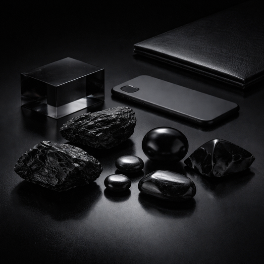 Dark luxury editorial still life with black tourmaline onyx and hematite stones symbolizing focus boundaries and emotional protection