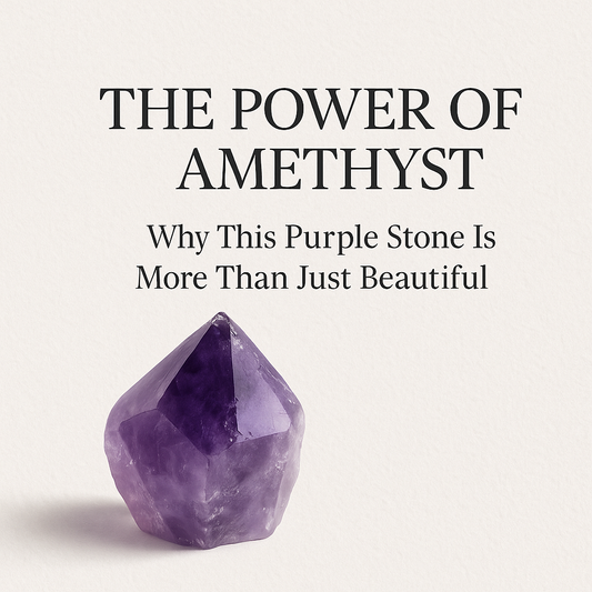 Amethyst crystal and blog title on neutral background, representing clarity, healing, and gemstone energy