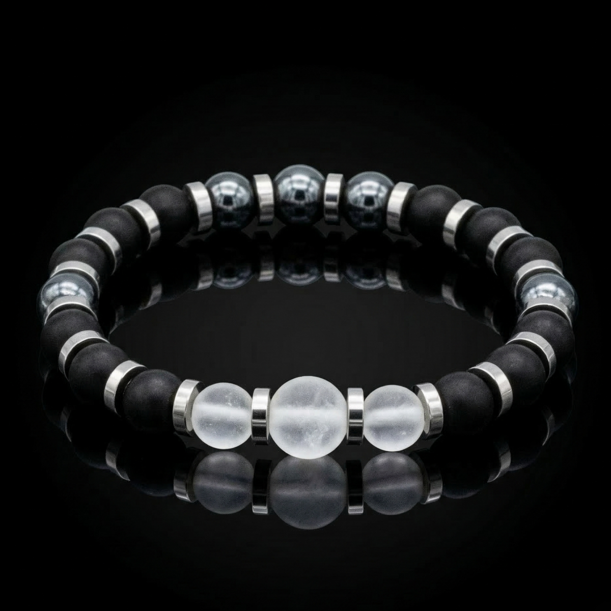 Men's Determination and Focus Bracelet with Onyx Matte, Clear Quartz Matte, Hematite and Silver Steel