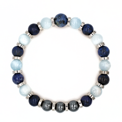 Men's Leadership Bracelet with Dumortierite Blue, Hematite, Aquamarine & Silver Steel for Growth