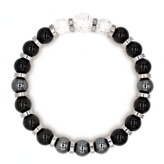 Men's Executive Success Bracelet: Tourmaline Black, Onyx, Hematite, Quartz Clear and Silver Steel