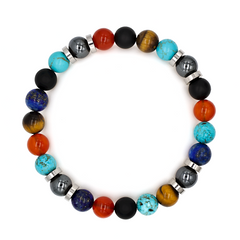 Men's bracelet with Turquoise, Tiger Eye Yellow, Onyx Matte, Carnelian, Lapis Lazuli, Hematite and Silver Steel