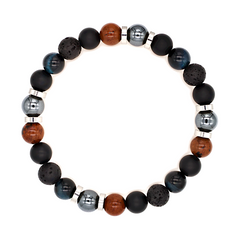 Men's Bracelet with Onyx Matte, Tiger Eye Blue, Lava Stone, Obsidian Mahogany, Hematite and Silver Steel