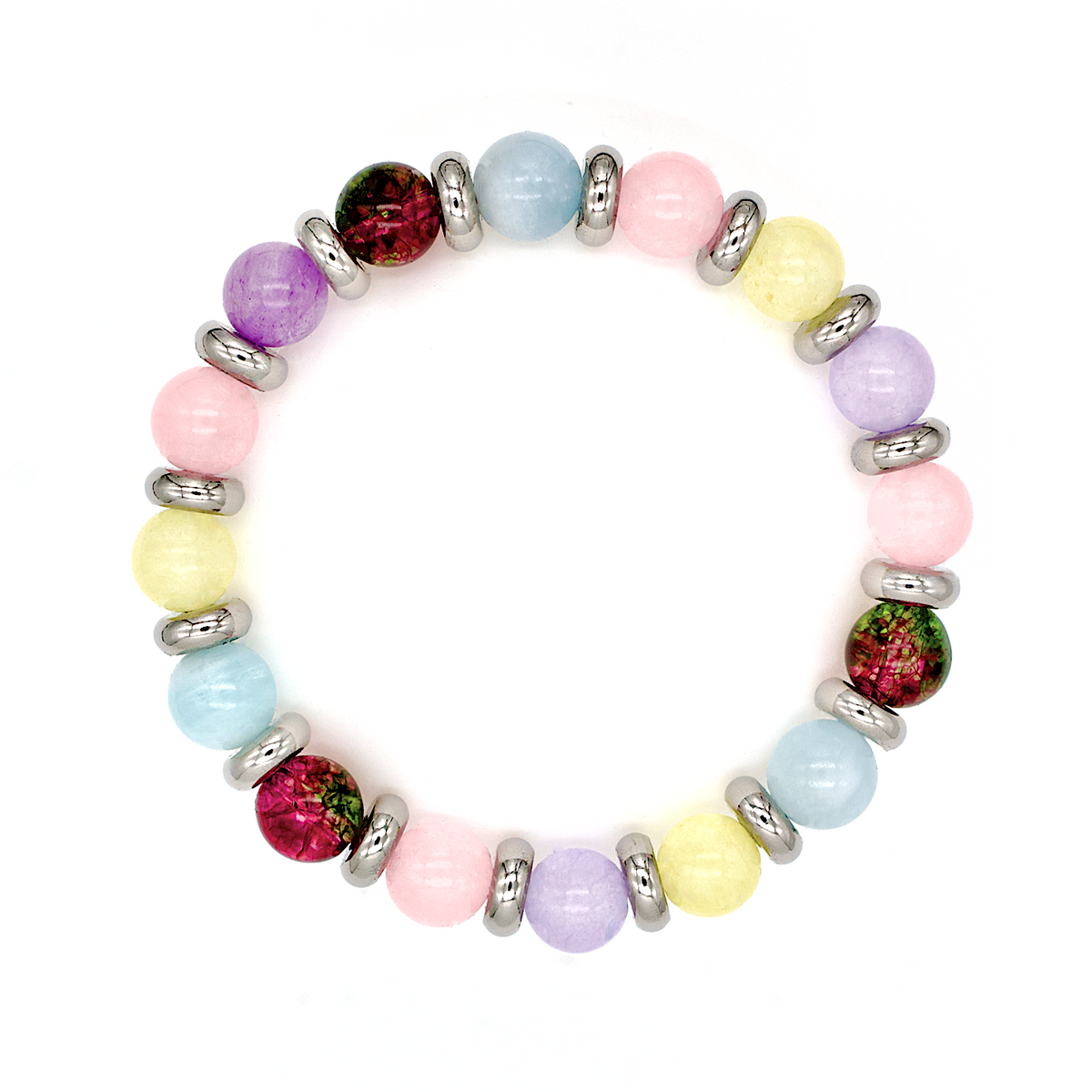 Close-up of gemstone bracelet showcasing Chalcedony, Tourmaline, and Aquamarine in elegant design.