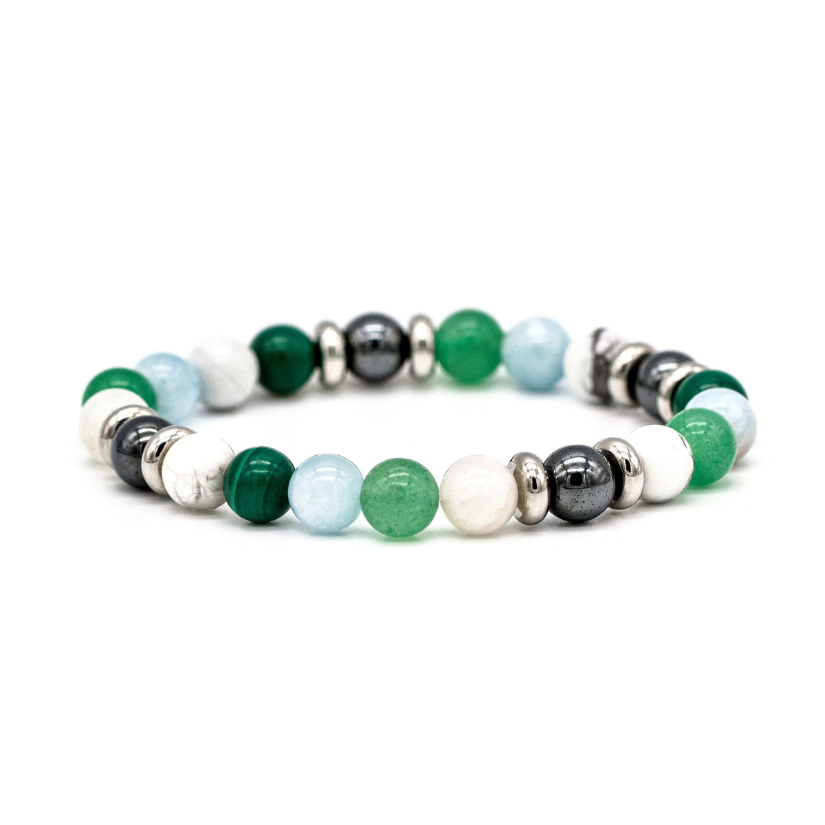 Handcrafted multistone men’s bracelet with Belomorite, Green Aventurine, Malachite, Howlite, and Hematite beads on white background, designed for transformation and balance.