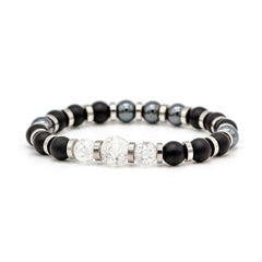 Men's Strength Bracelet: Onyx Matte, Quartz Clear, Hematite and Silver Steel for Success