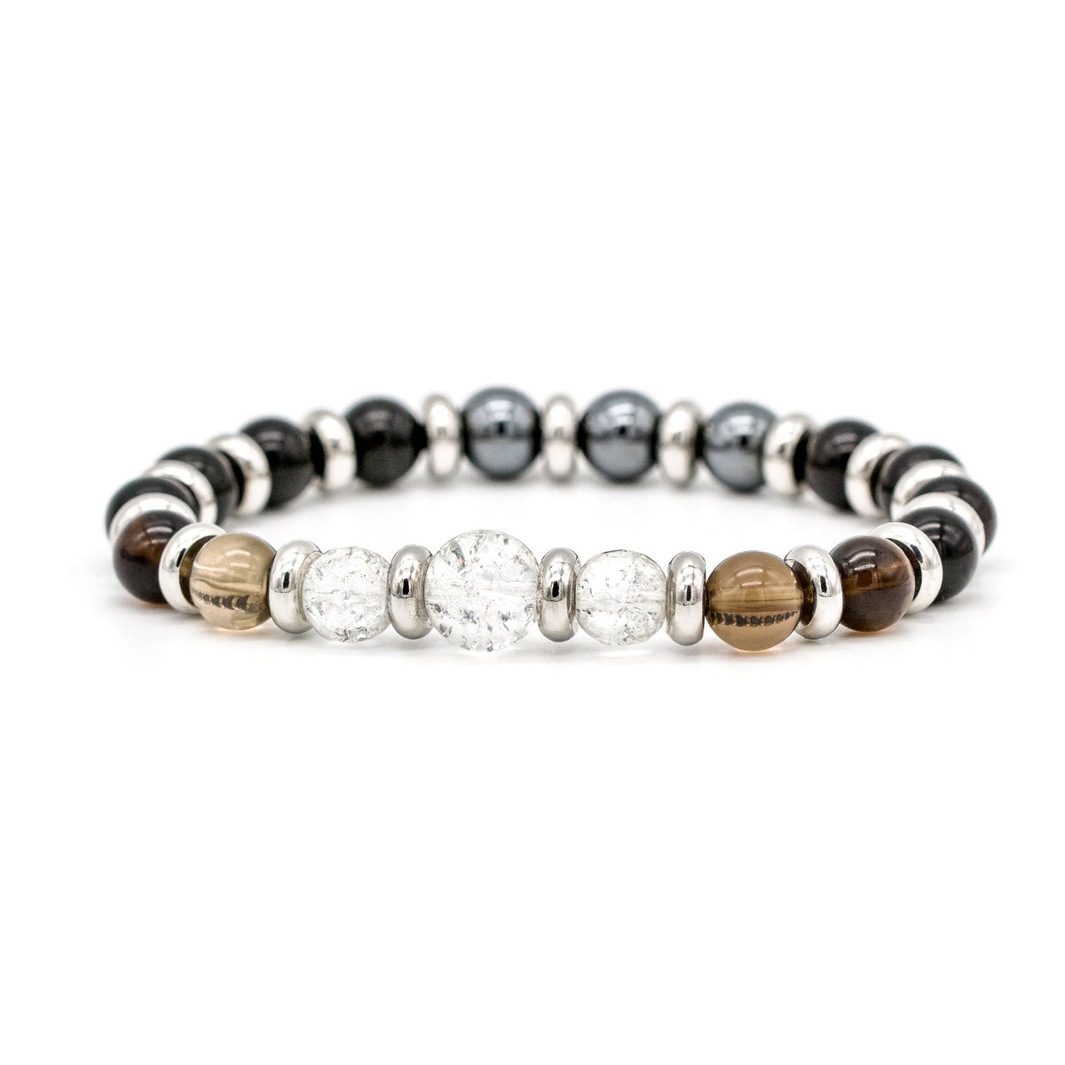 Men's Business Mastery Bracelet: Black Obsidian, Smoky Quartz, Hematite, Clear Quartz and Silver Steel