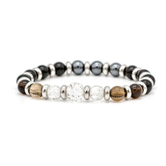 Men's Business Mastery Bracelet: Obsidian Black, Quartz Smoky, Hematite, Quartz Clear and Silver Steel