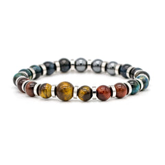 Men's Leadership & Insight Bracelet: Pietersite, Tiger Eye Yellow, Tiger Eye Blue, Tiger Eye Red, Hematite and Silver Steel