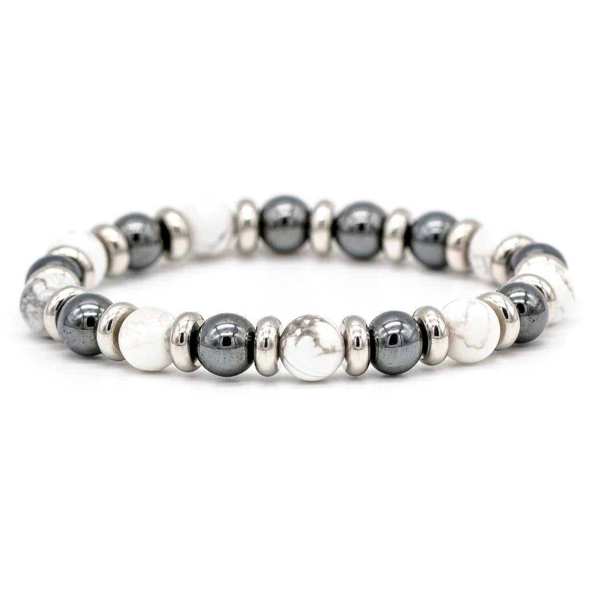 Handcrafted men’s bracelet with Howlite and Hematite beads on a white background, minimalist design for creativity and focus.