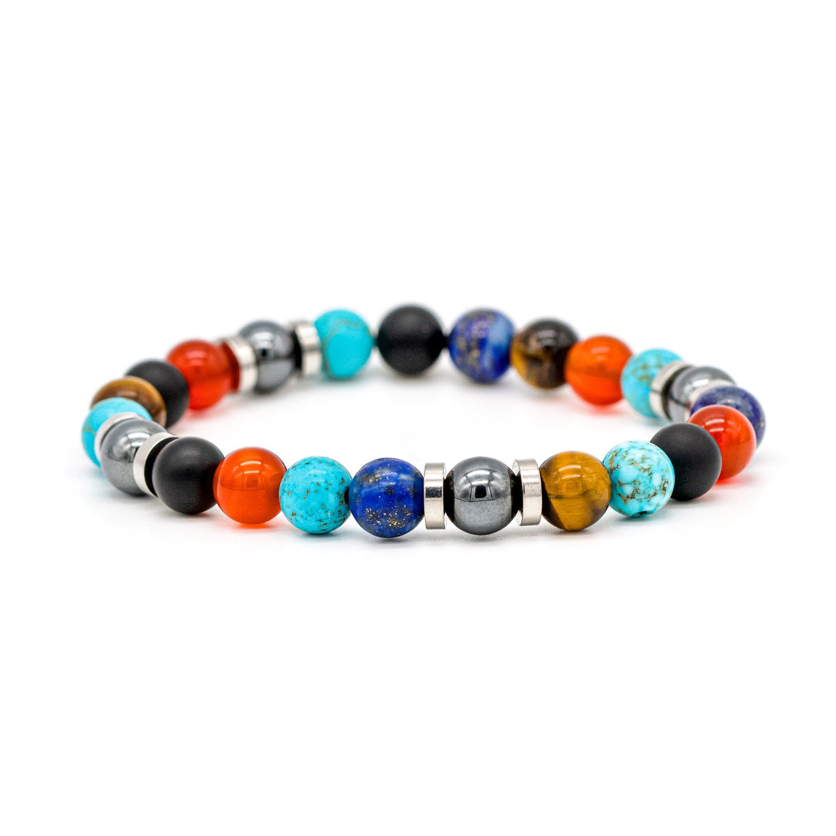Handcrafted men’s bracelet with Turquoise, Yellow Tiger Eye, Onyx, Carnelian, Lapis Lazuli, and Hematite beads on white background, designed for confidence and success.