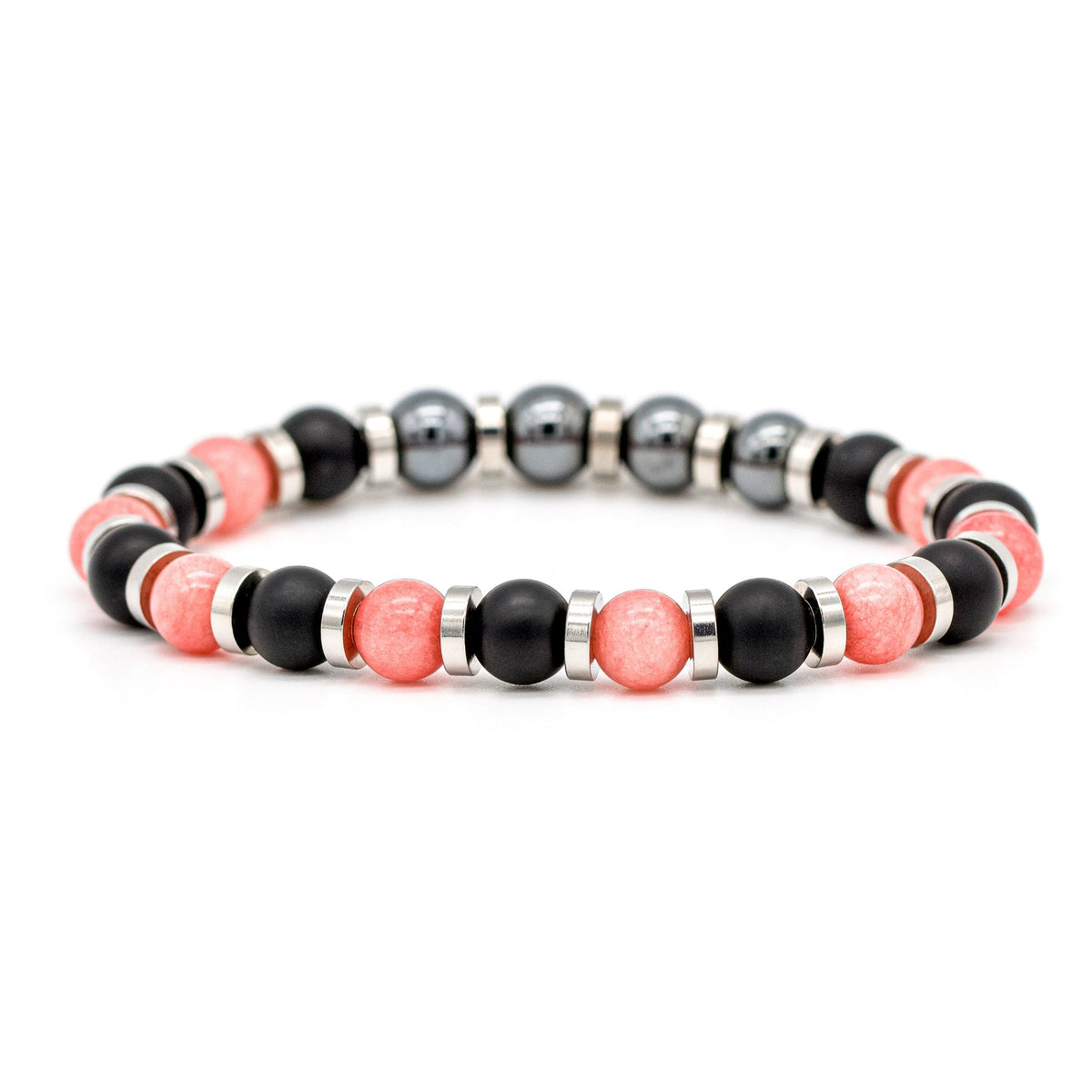 Elegant Onyx, Chalcedony, and Hematite bracelet for men, displayed on white background, featuring natural stones and minimalist design.
