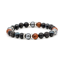 Men's Bracelet with Onyx Matte, Tiger Eye Blue, Lava Stone, Obsidian Mahogany, Hematite and Silver Steel