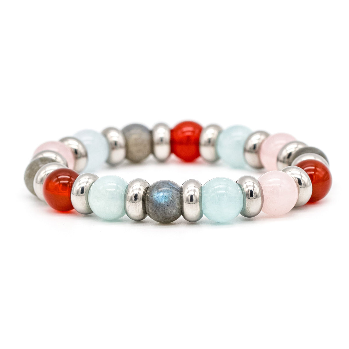 Handcrafted bracelet featuring Carnelian, Aquamarine, Quartz Rose, and Labradorite stones.